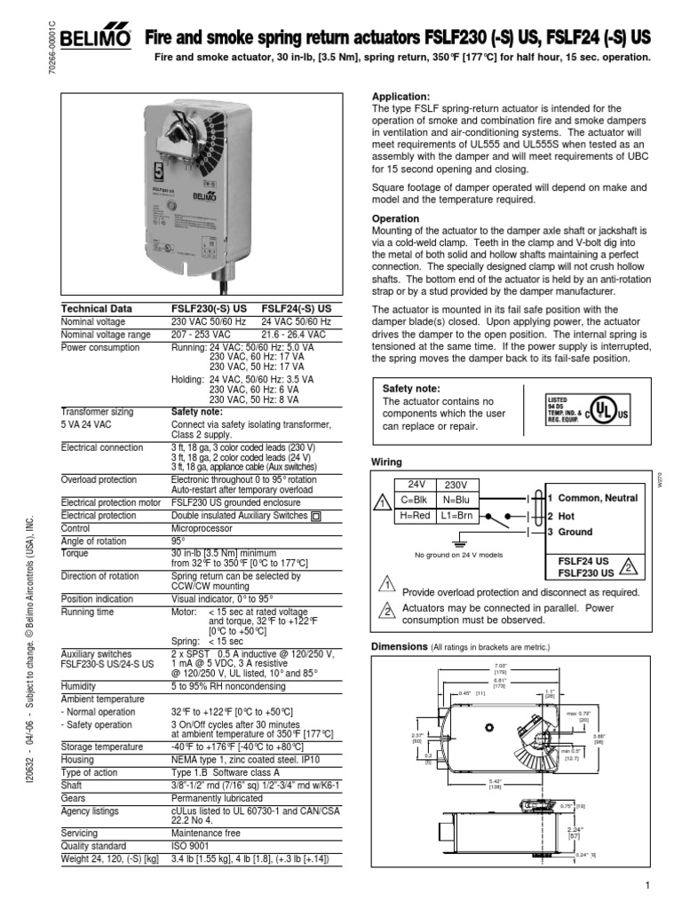 Fire and Smoke Spring Return Actuators FSLF230 (-S) US, FSLF24 (-S) US ...