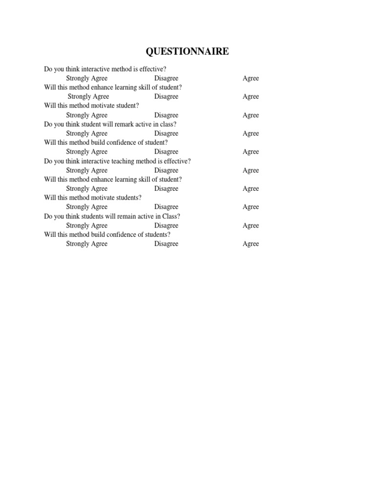 Questionnaire Teaching Method Teachers