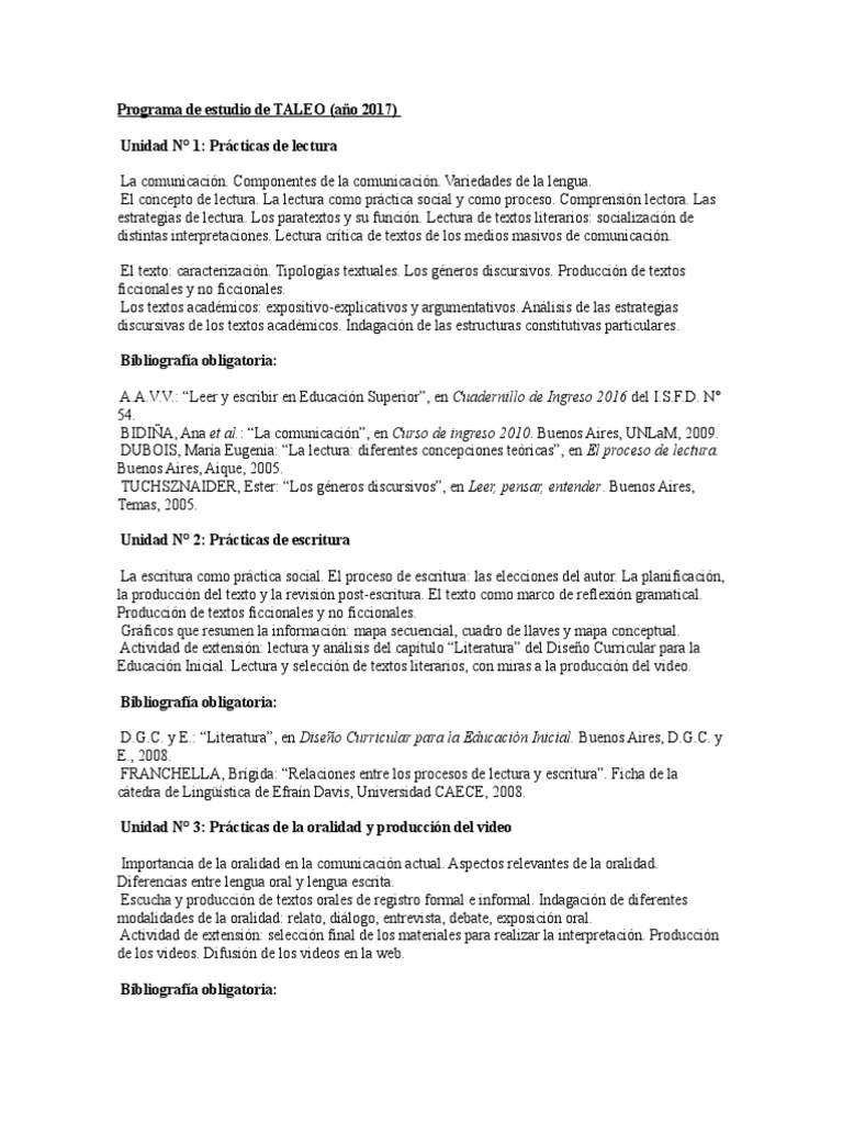 Programa TALEO: Lectura, Escritura y Oralidad | PDF | Prueba ...