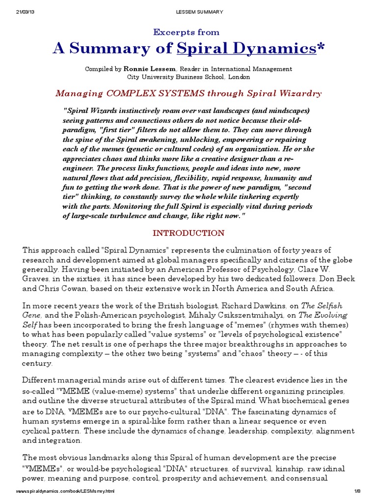 A Summary of Spiral Dynamics PDF Learning Emergence