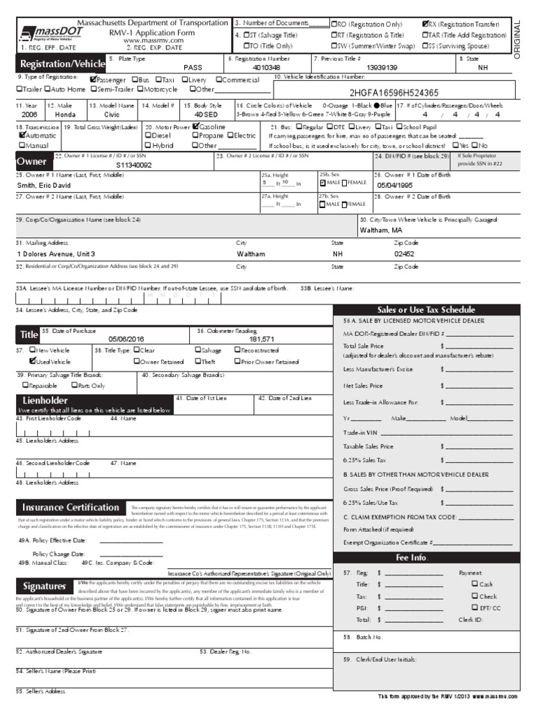 Massachusetts RMV-1 Title Application | PDF | Vehicle Registration ...