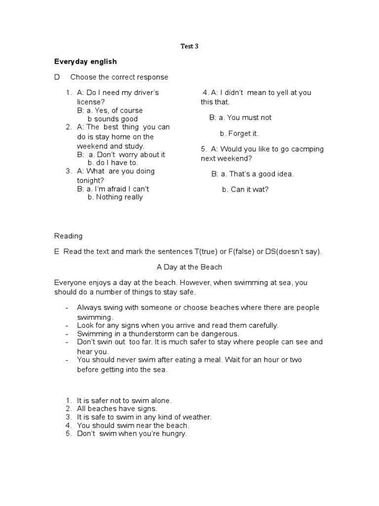 Everyday English: Test 3 | PDF