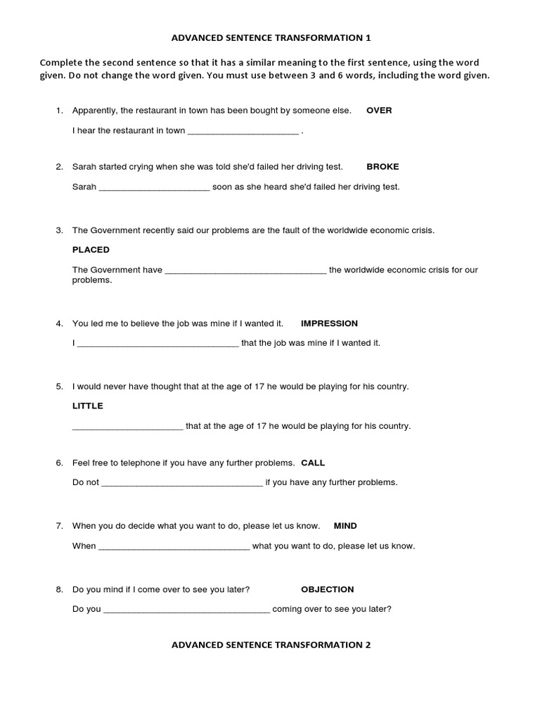 Advanced Sentence Transformation Exercises | PDF | Language Arts ...