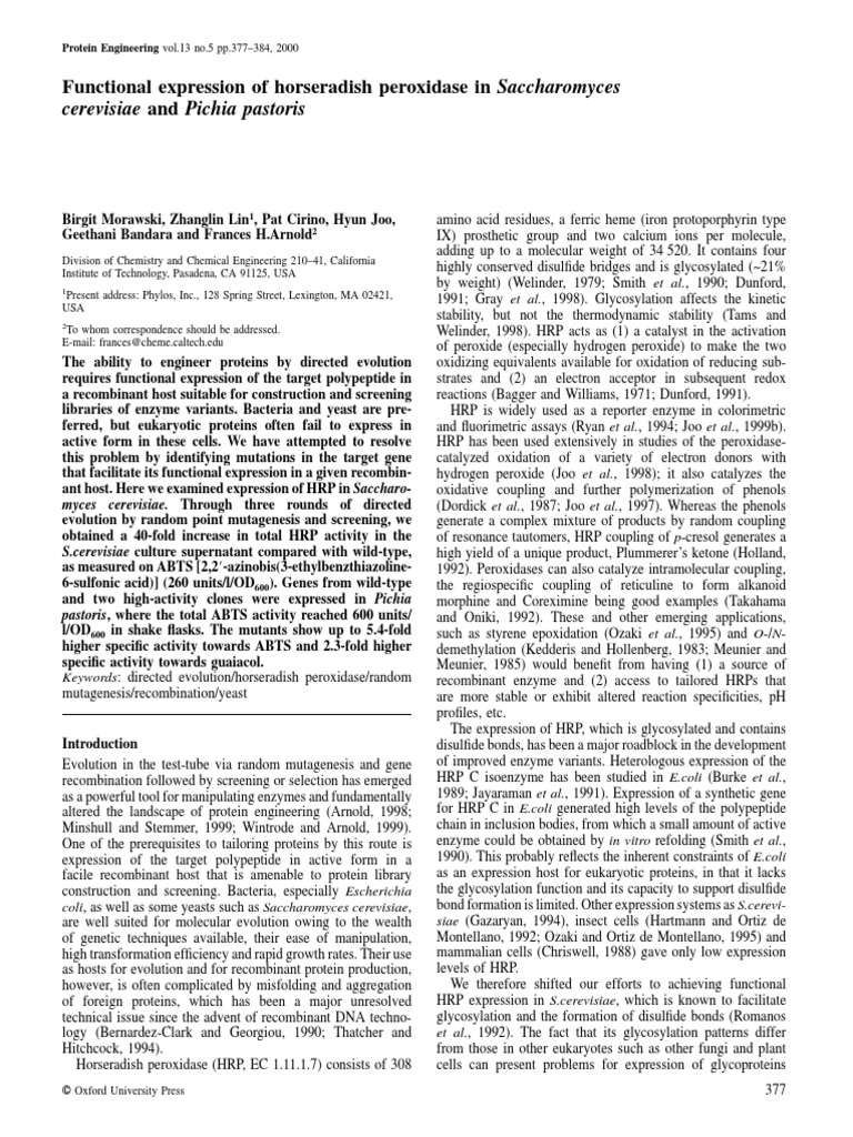 Functional Expression of Horseradish Peroxidase in Saccharomyces