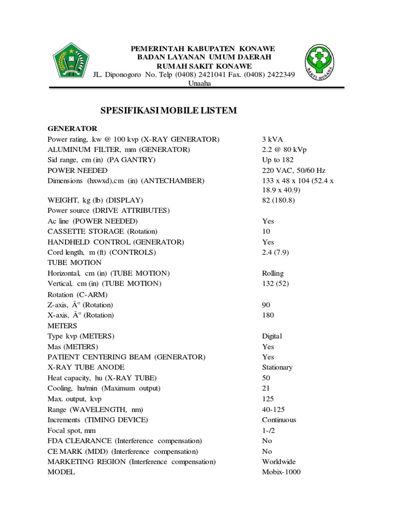 Listem Mobile X-Ray Specifications | PDF | X Ray | Vacuum Tube