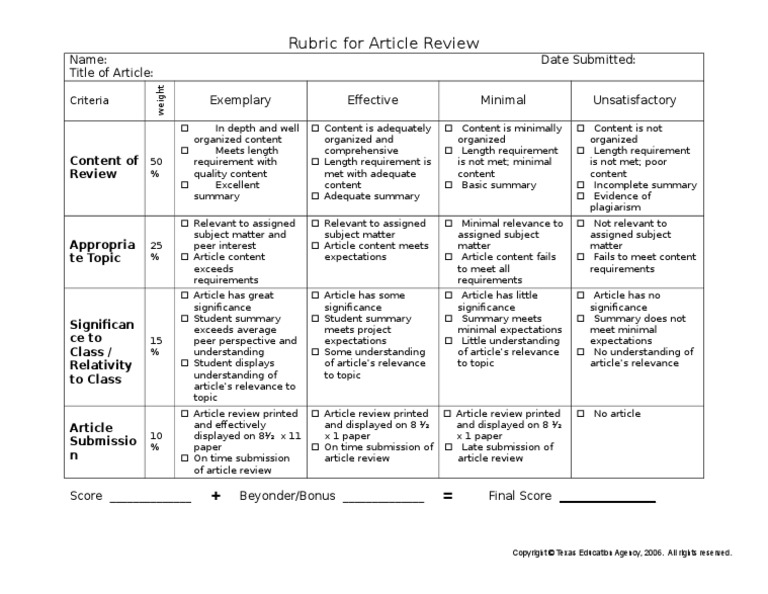 rubric for article review