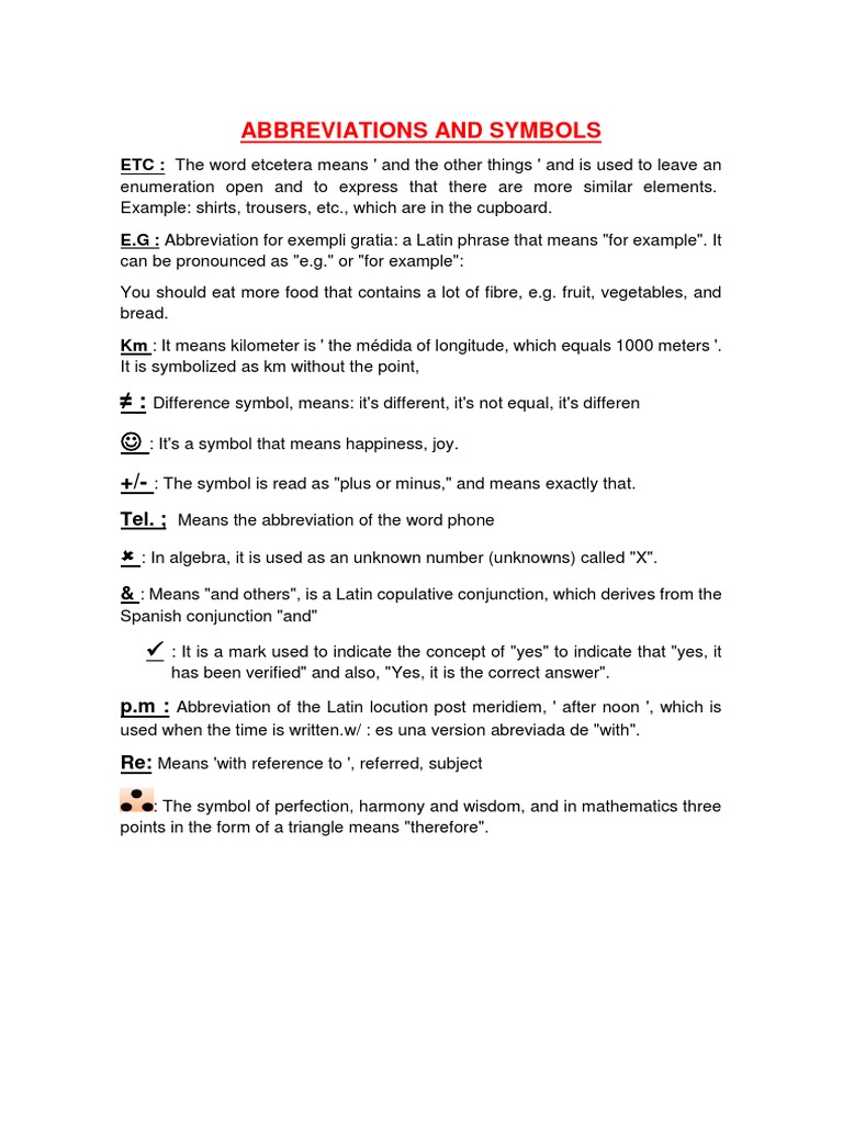 Abbreviations and Symbols ETC The Word Etcetera Means ' and The Other