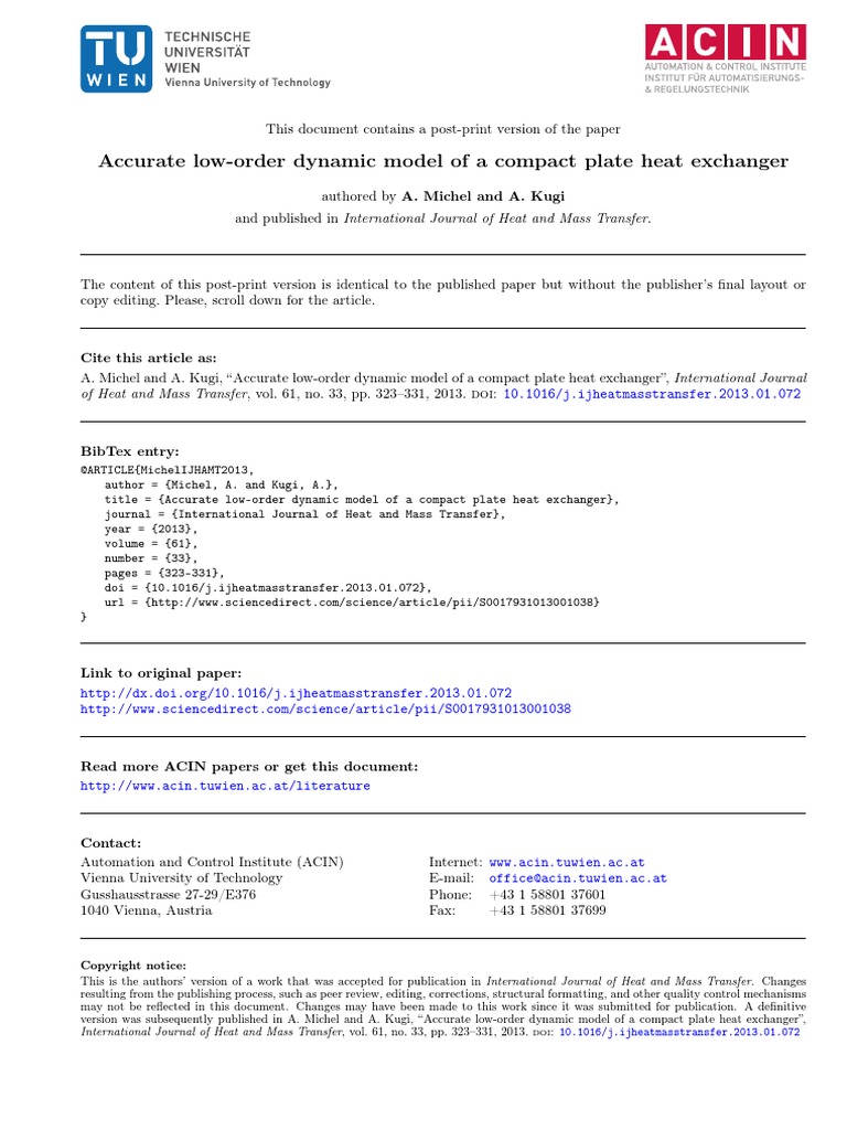 Accurate LowOrder Dynamic Model of A Compact Plate Heat Exchanger