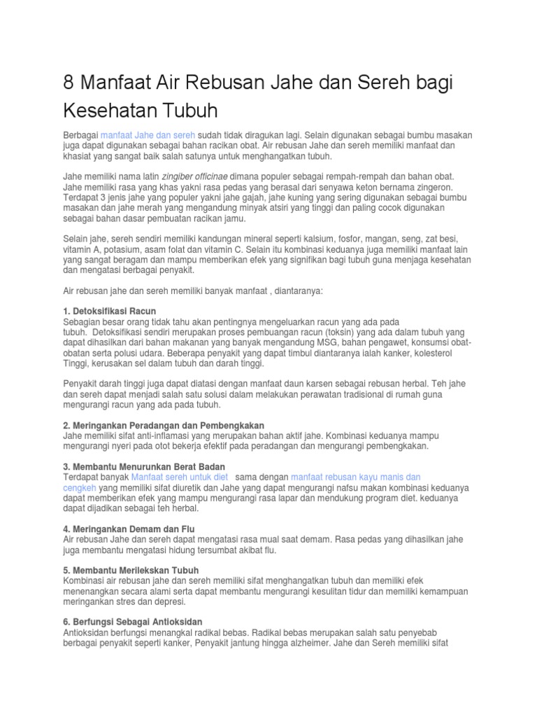 8 Manfaat Air Rebusan Jahe Dan Sereh Bagi Kesehatan Tubuh