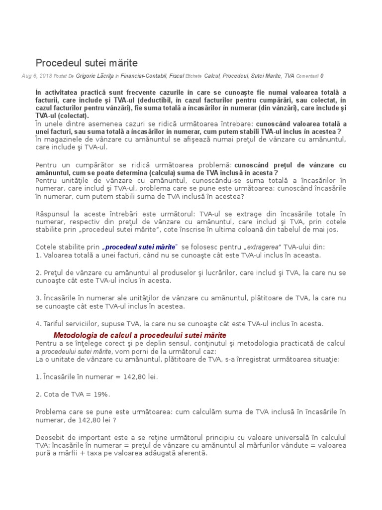 Procedoul Sutei Marite La Tva | PDF