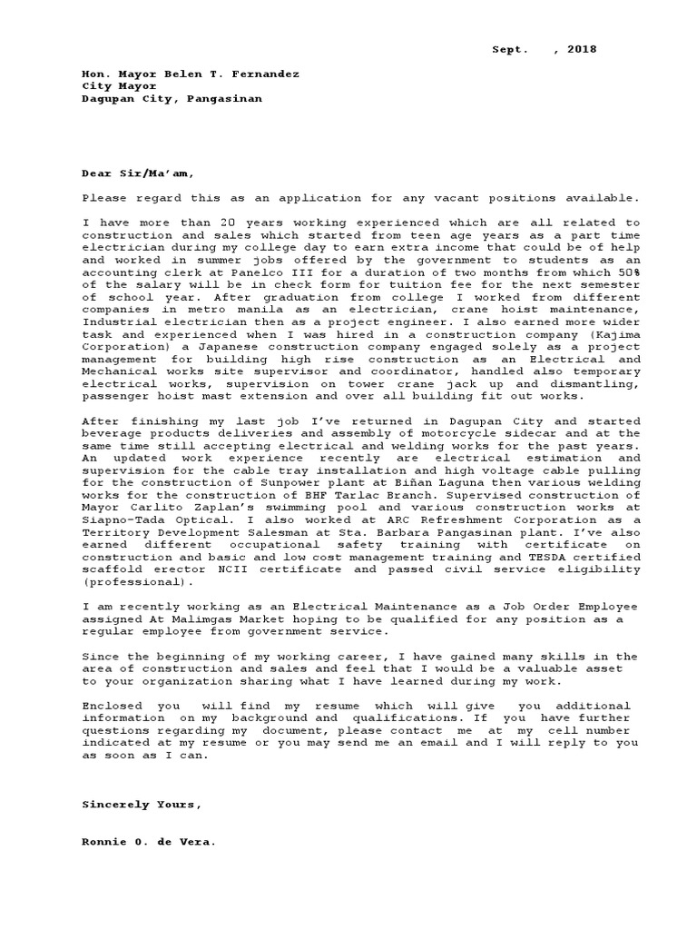 Application for Electrician Position | PDF | Electrician | Business