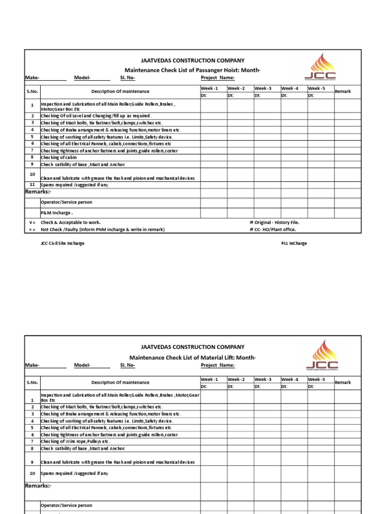 Equipement Checklist (Hoist & Lift) Elevator Machines