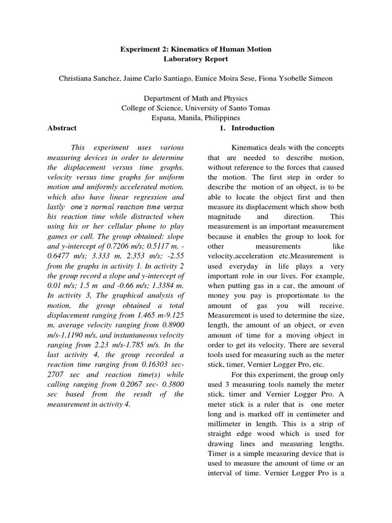 Kinematics of Human Motion Experiment | PDF | Velocity | Acceleration