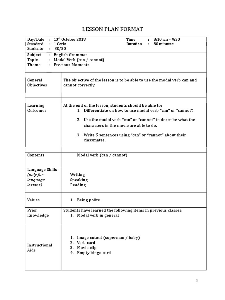 Lp Modal Verb Can Can T Question Lesson Plan