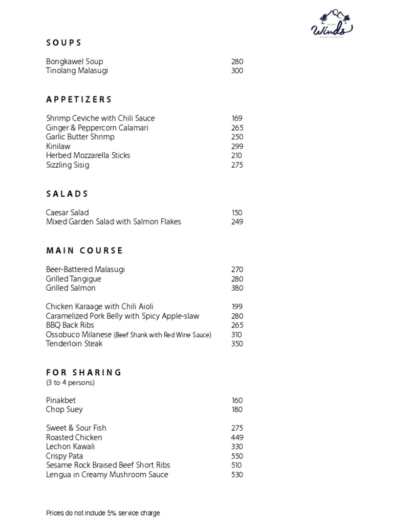 Winds Restaurant Menu PDF Leisure Beverages