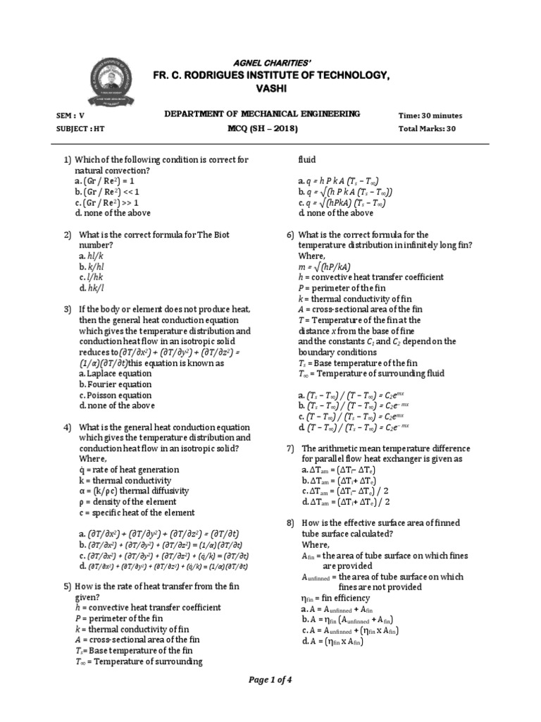 Ht Mcq Co3 Questions Heat Transfer Thermal Conduction