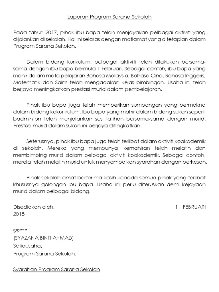 Contoh Karangan Laporan Program Sarana