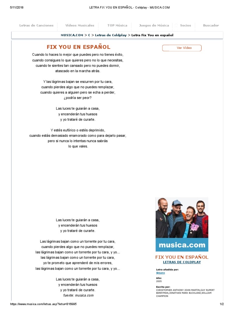Letra Fix You en Español Coldplay PDF Ocio Entretenimiento