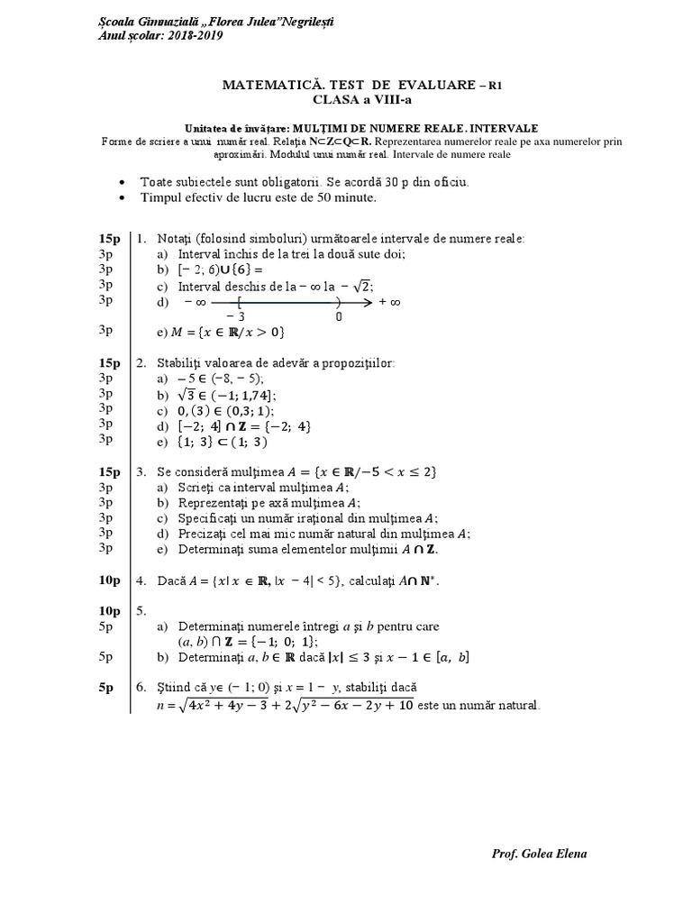 Test VIIIA Mulţimi de Numere Reale Intervale | PDF