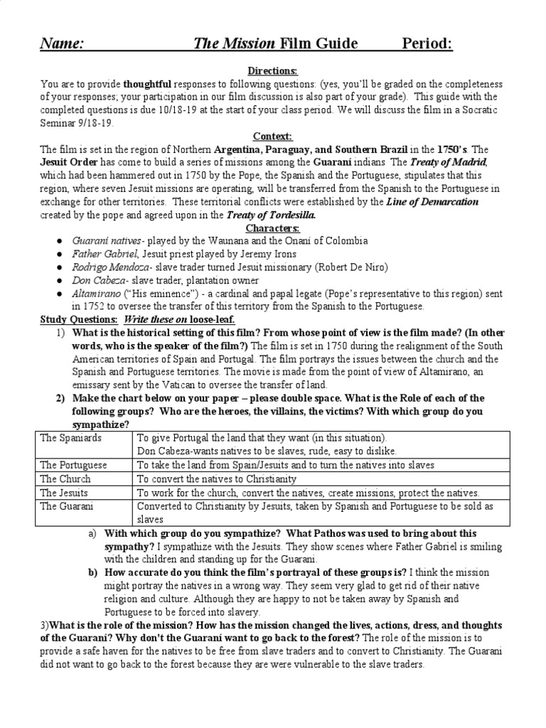 The Mission Film Study Guide | PDF | Society Of Jesus