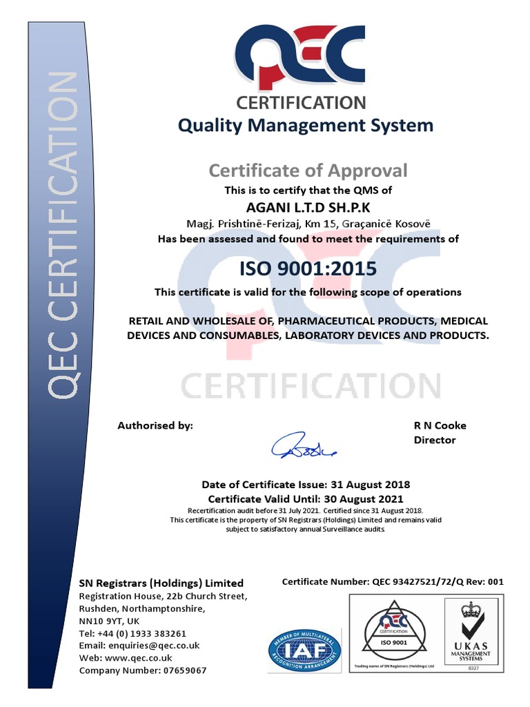 Iso 9001-2015 - Qec 93427521 - 72 - Q Agani LTD SHPK | PDF
