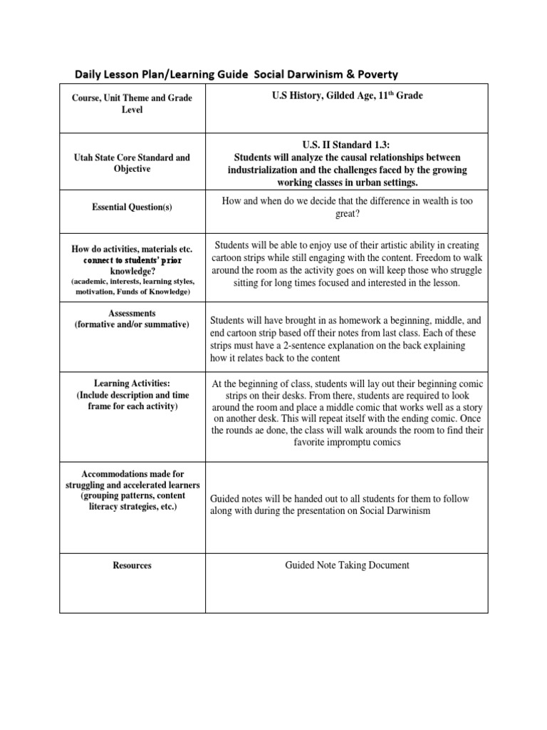 Daily Lesson Plan Social Darwinism Lesson Plan Behavior Modification