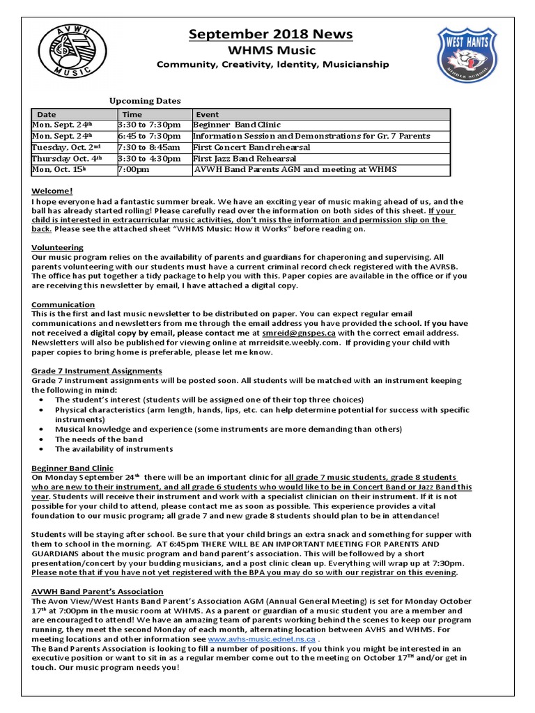 Whms Music Sept 2018 Newsletter | PDF