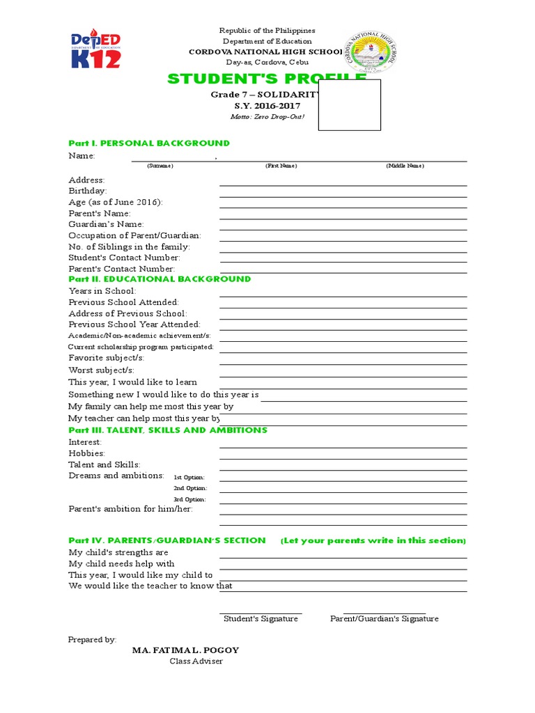 Student Profile and Anecdotal Record | PDF | Schools | Teachers
