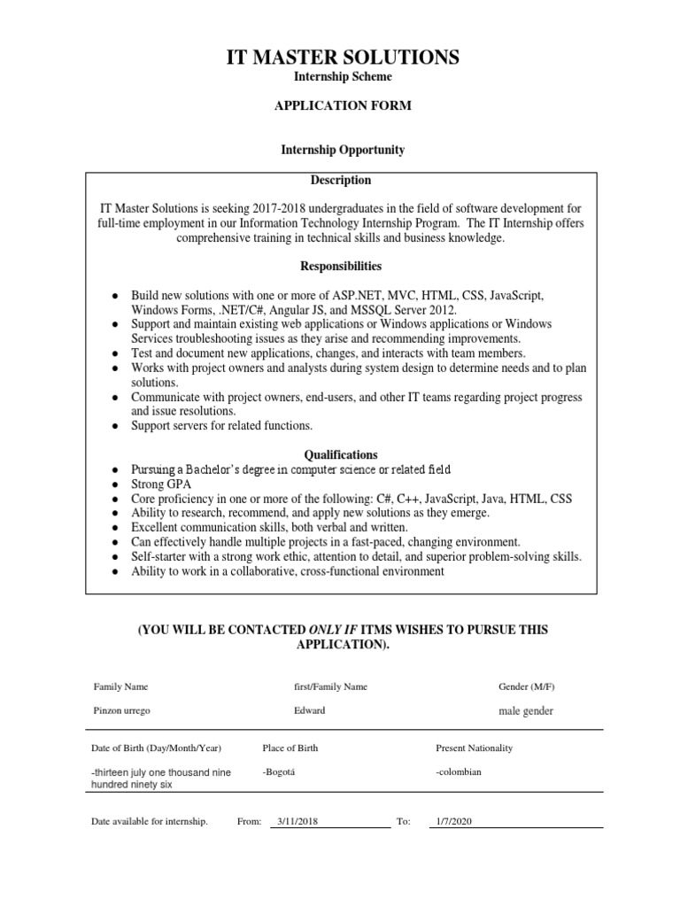 IT Master Solutions Internship Application | PDF | Software Development ...