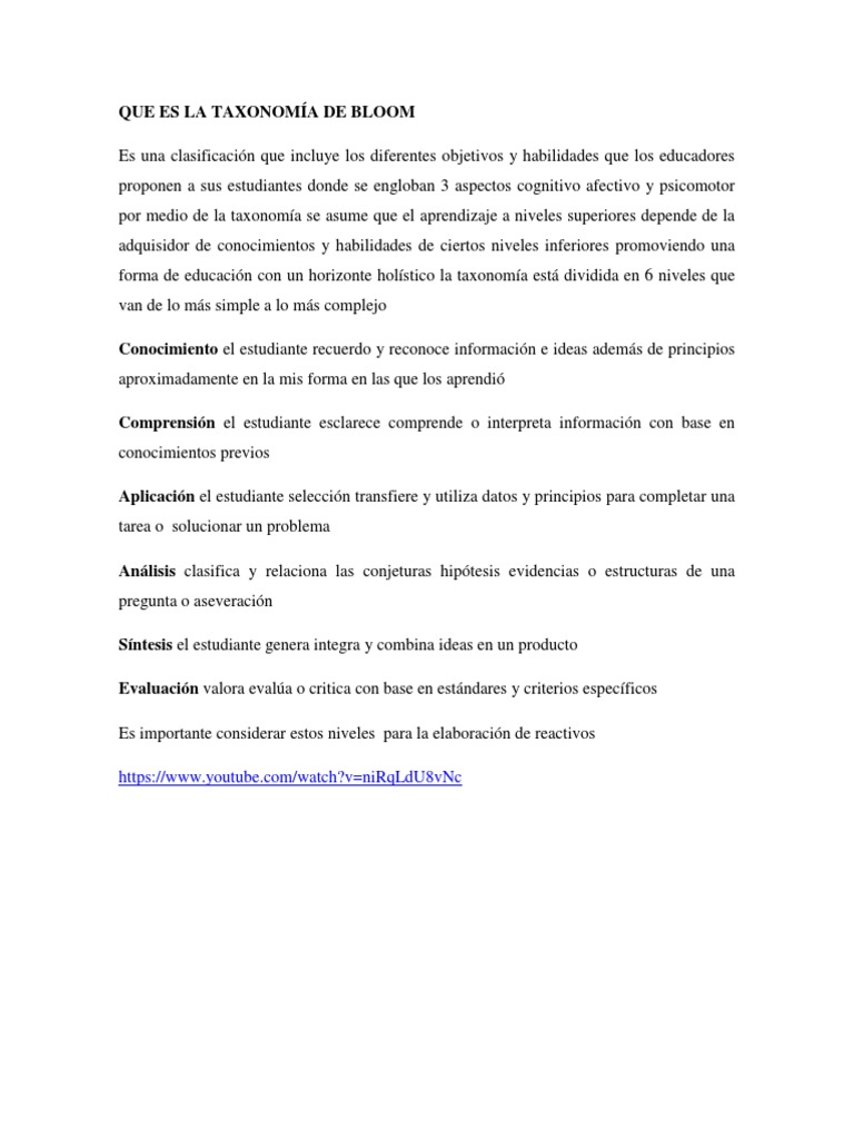 Objetivos según la Taxonomía de Bloom | PDF | Taxonomía (biología ...