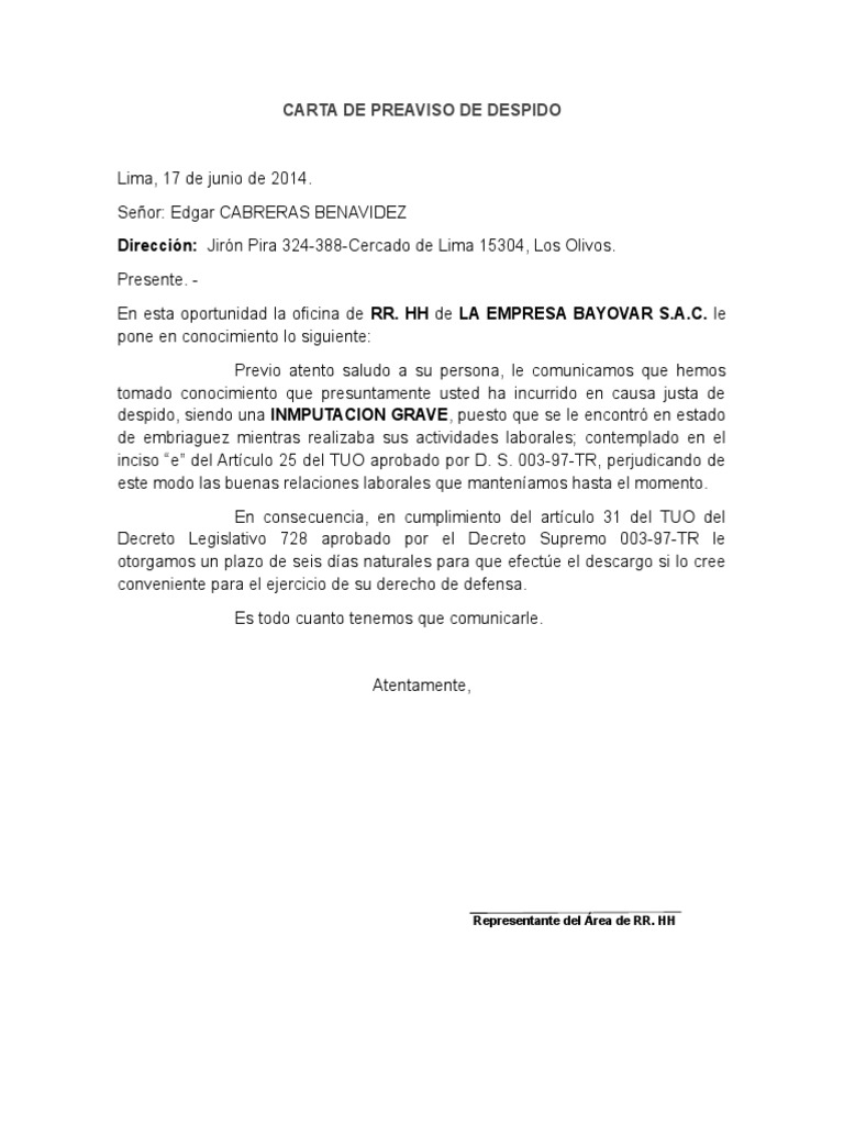 Carta de Preaviso de Despido Derecho