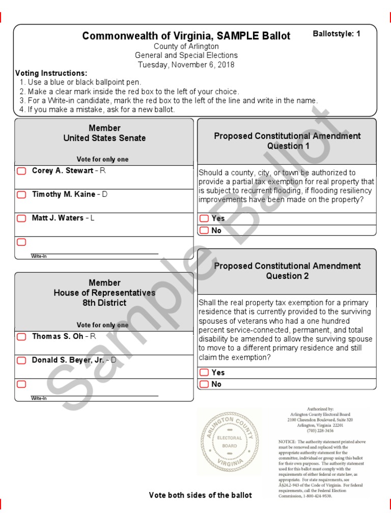 Virginia Sample Ballot for Arlington County General and Special