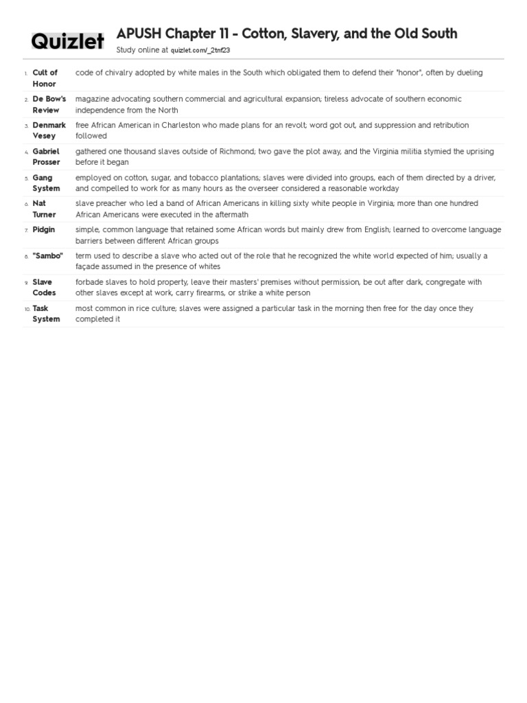 APUSH Chapter 11 - Cotton, Slavery, and The Old South | PDF | Travel