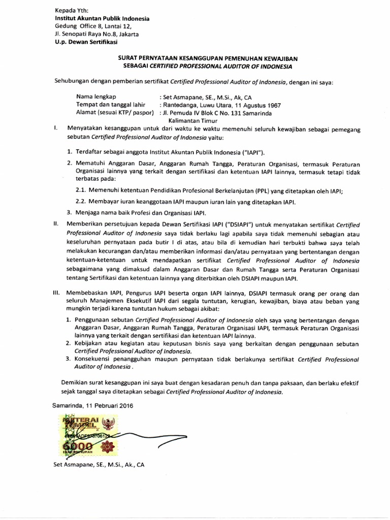 Surat Pernyataan Kesanggupan Pemenuhan Kewajiban