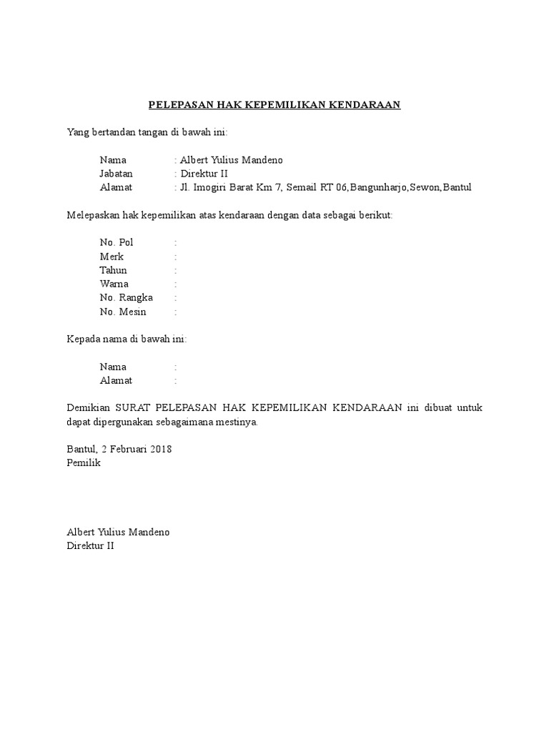 Surat Pelepasan Hak Kepemilikan Kendaraan Panduan Wajib Lapor Online 2017.