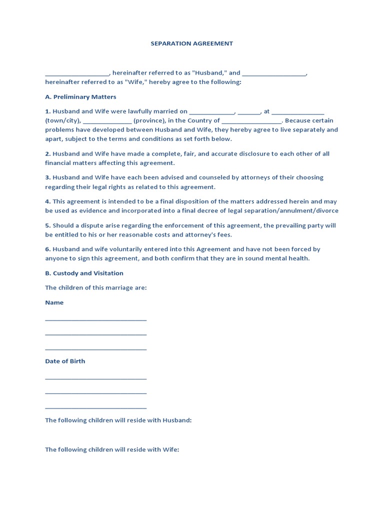 Separation Agreement | PDF | Child Custody | Wife