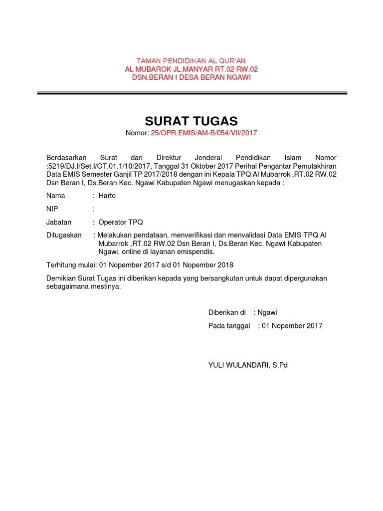 Surat Tugas Operator EMIS TPQ | PDF