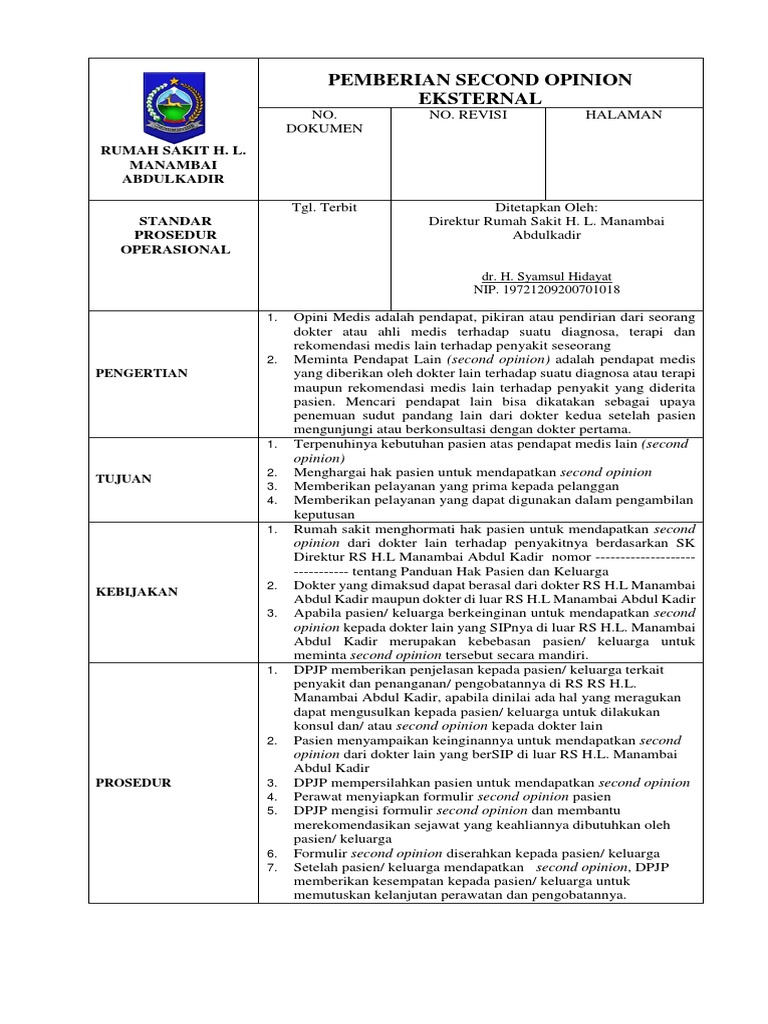 Prosedur Second Opinion Medis RS H.L. Manambai | PDF