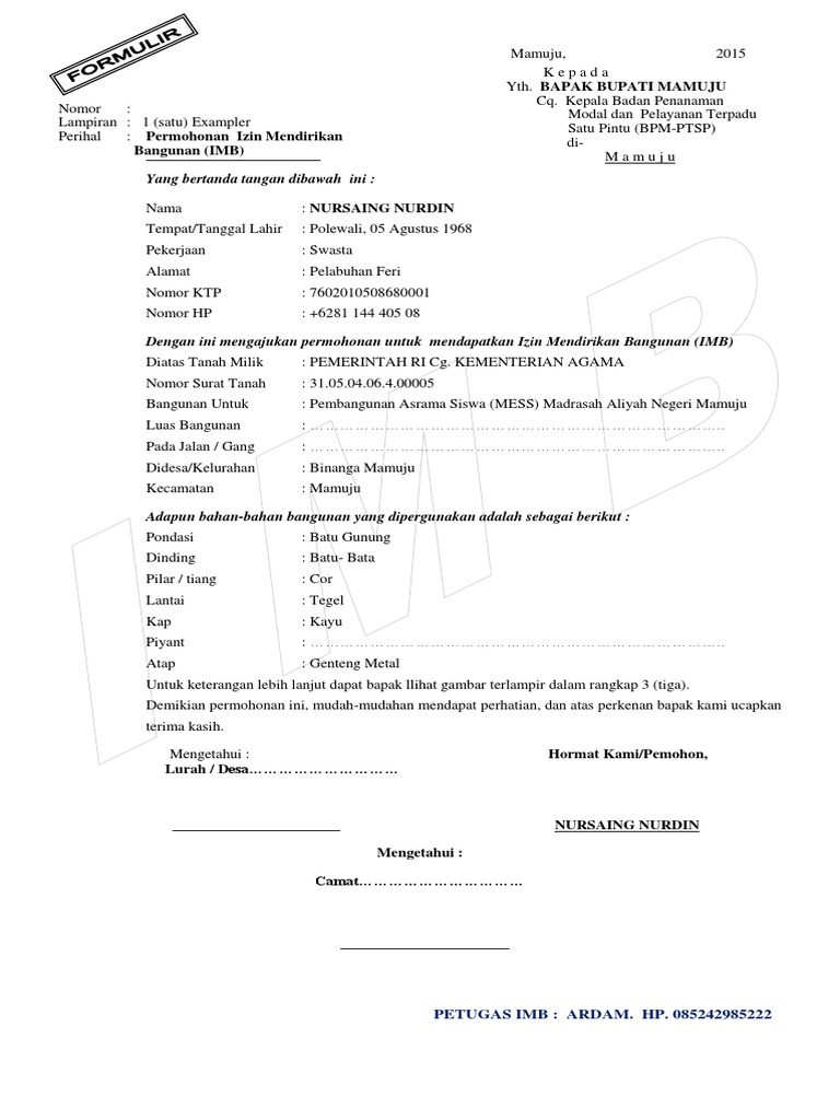 Contoh Permohonan Imb