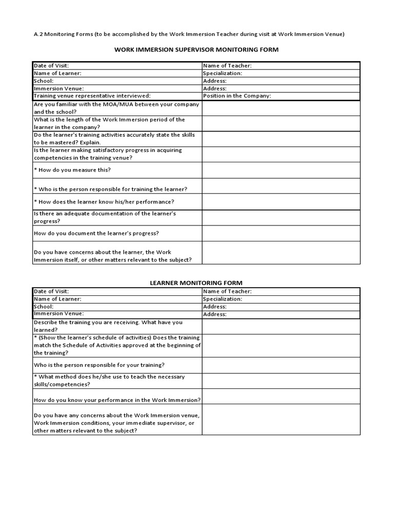 Work Immersion Monitoring Form A2