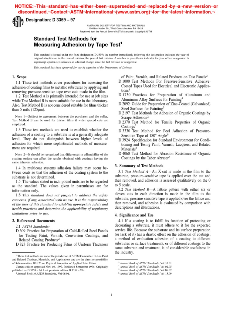 ASTM D 3359 97 Standard Test Methods For Measuring Adhesion by Tape Test PDF PDF Adhesion