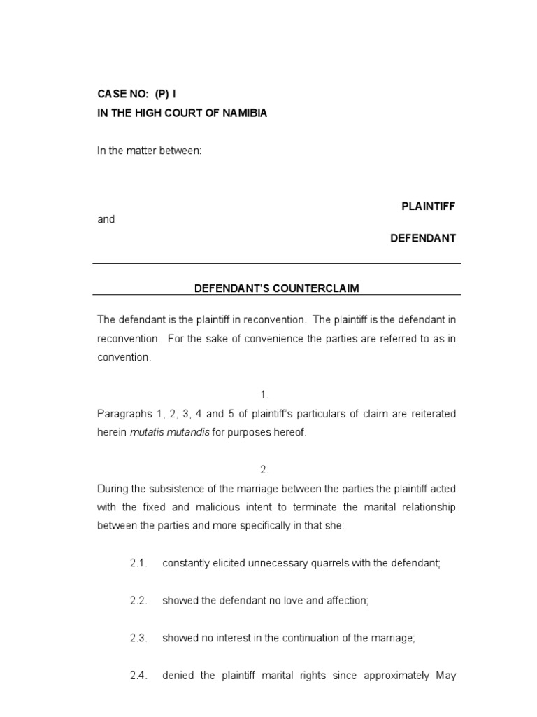 Divorce Counterclaim Example | PDF | Defendant | Marriage