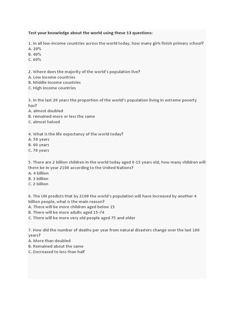 Test Your Knowledge About The World Using These 13 Questions | PDF