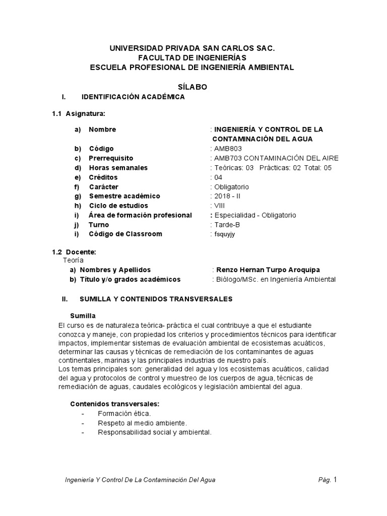 Ingeniería y Control de La Contaminación Del Agua 2018-II Tarde-B | PDF ...