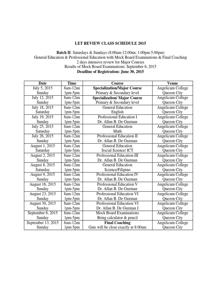 LET Review Class Schedule 2015 | PDF | Behavior Modification | Learning