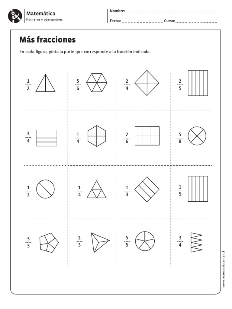 Ejercicios de fracciones: Pintar partes de figuras correspondientes a
