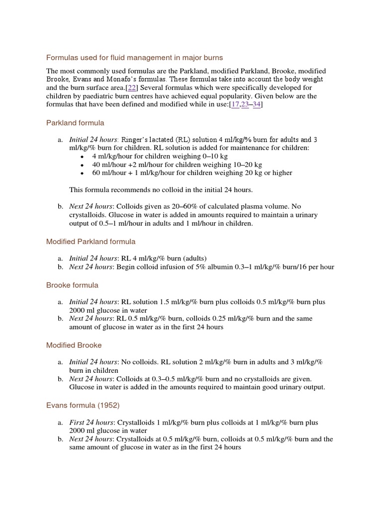 Formulas Used For Fluid Management in Major Burns PDF Burn