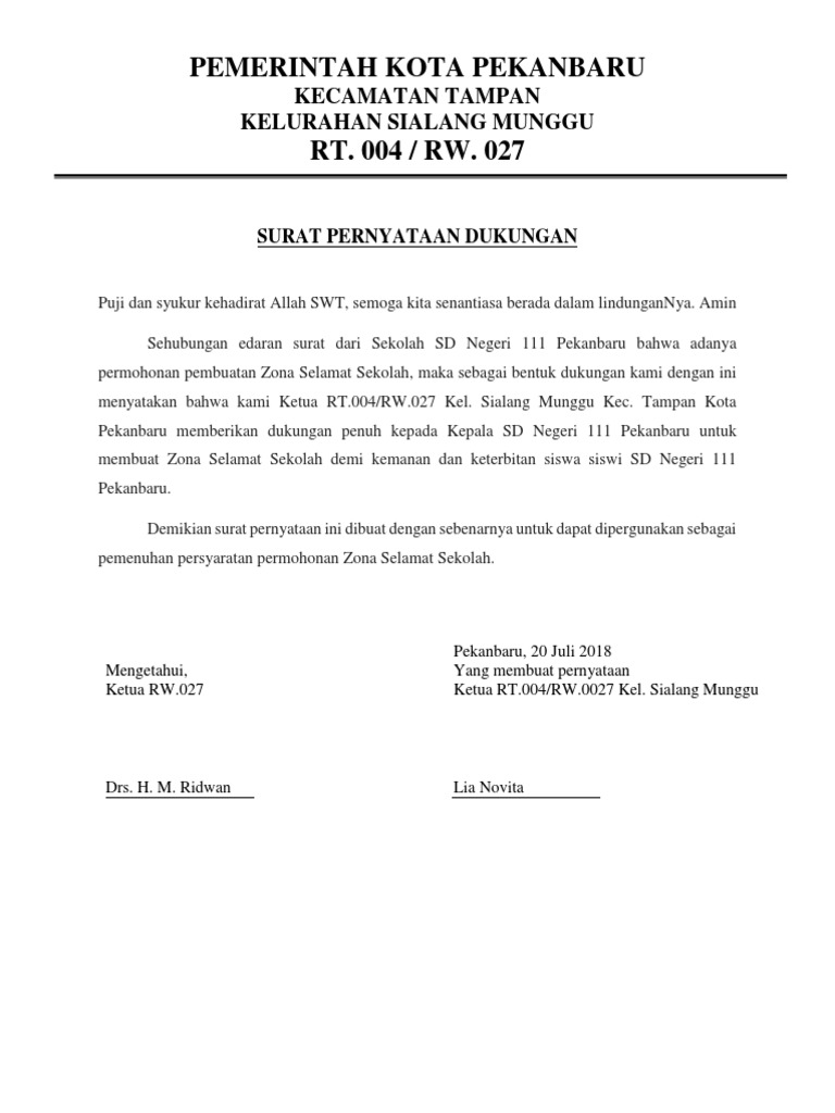 Surat Pernyataan Dukungan Rt