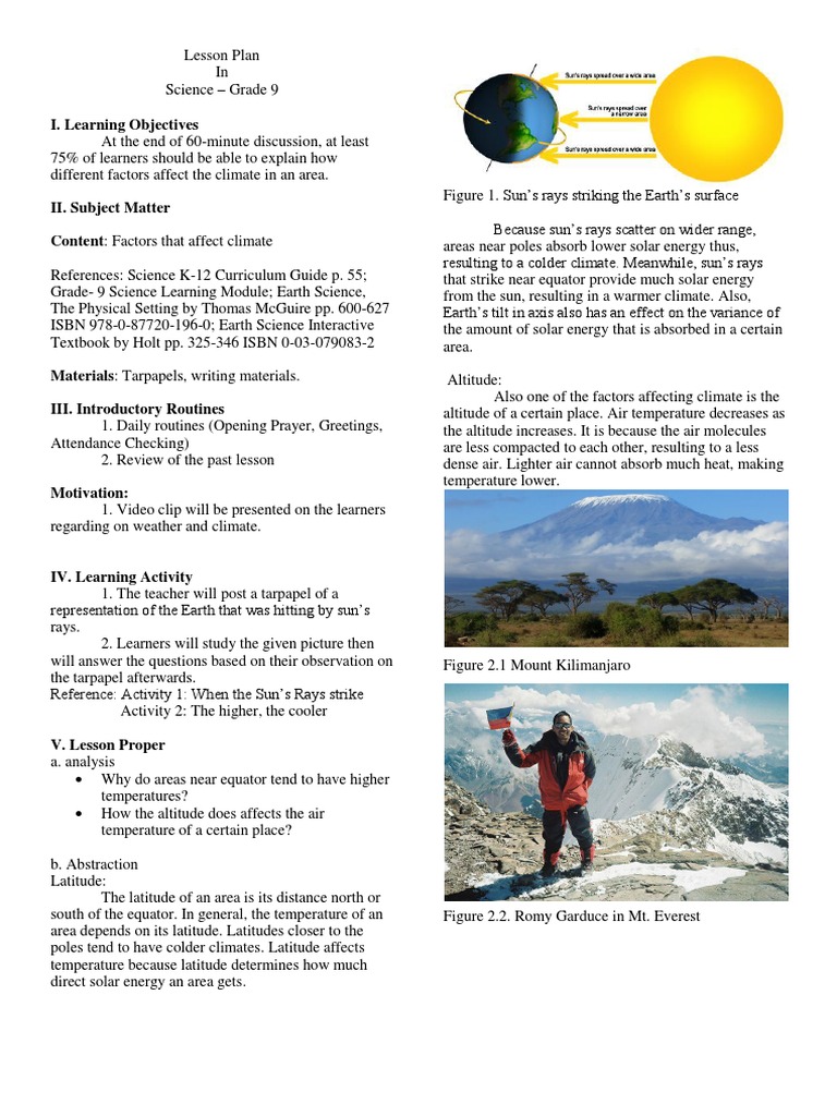 Lesson Plan ClimateLatitude Altitude PDF Equator Atmosphere Of Earth