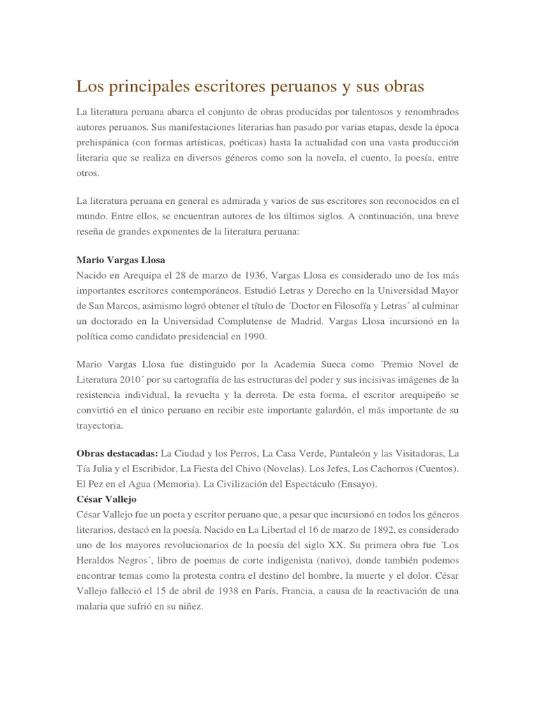 Escritores Peruanos y Sus Obras Destacadas | PDF | Perú | Poesía